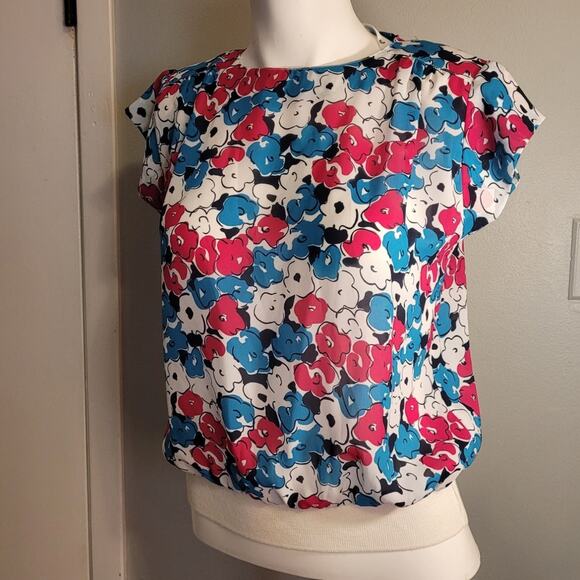 Vintage 70s Sharpley Floral Top Small Kitschy Grannycore Retro Bright Semi Sheer - Picture 2 of 9